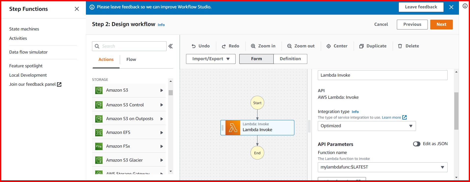 Picture showing the workflow designer screen for designing the step function workflow
